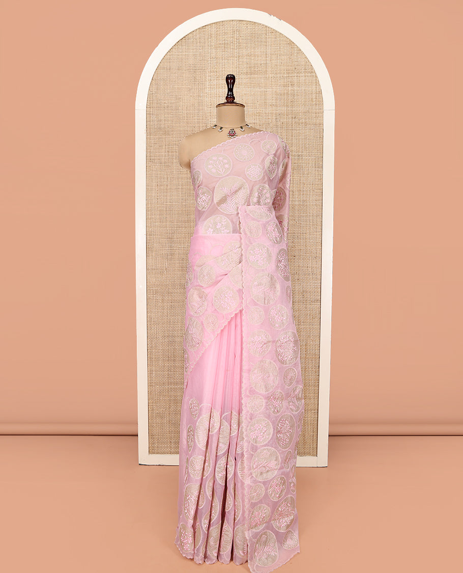 Pearl Pink Organza Saree, Delicately Threaded with Floral Enclosed Circle Motifs Embroidery, Subtle Scallop Border, Delicately Embroidered Pallu, and Paired with a Matching Embroidered Blouse