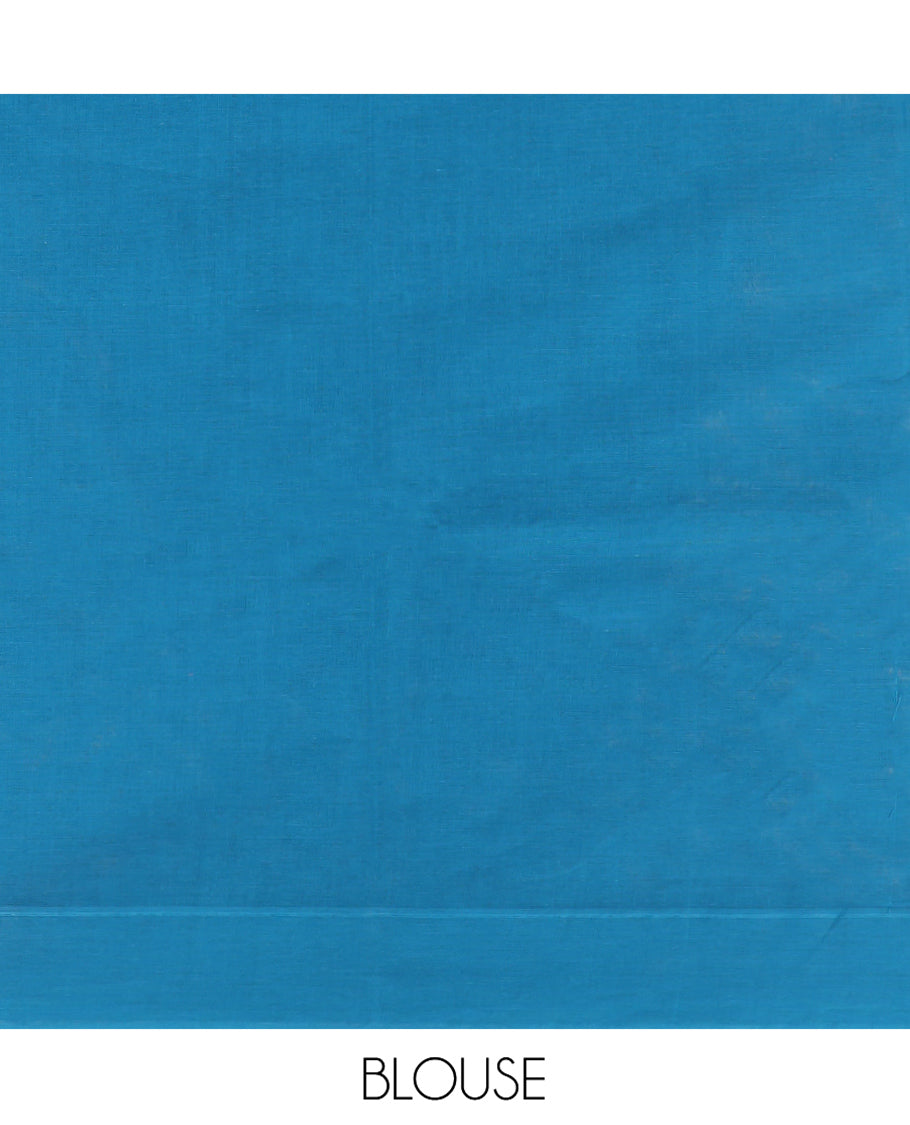 Blue Coimbatore Cotton Saree, Accentuated with Geometric Design on Its Body, a Subtle Plain Border, Pallu of Temple Patterns, and Paired with Matching Blouse