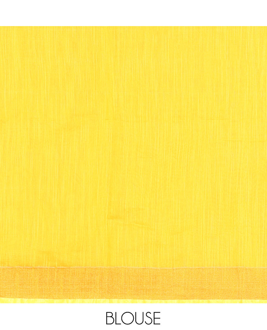Yellow Khadi Linen Saree, Artfully Crafted with Elephant Appliqué Work, Contrast Temple Appliqué Border and a Plain Blouse
