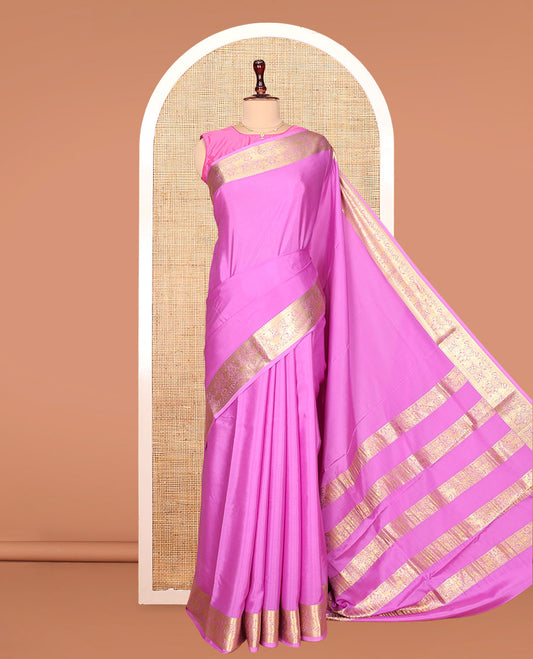 Pink Plain Mysore Silk Saree, Highlighted by a Zari Border of Yaali Designs, Pallu Steeped with Zari Designs, and Paired with a Matching Blouse