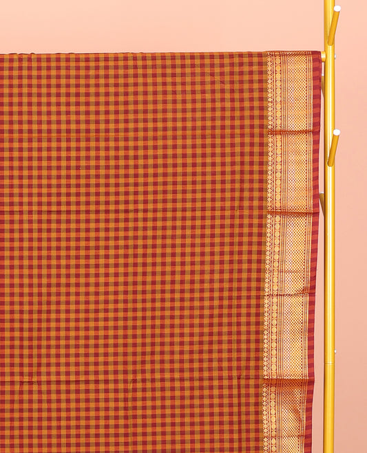 Orange-Red Chettinad Cotton Saree, Spotlighted with Micro-Checks, Highlighted by Traditional Zari Border, Striped Pallu, and No Blouse