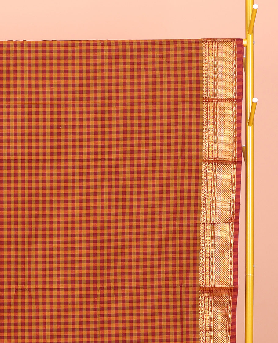 Orange-Red Chettinad Cotton Saree, Spotlighted with Micro-Checks, Highlighted by Traditional Zari Border, Striped Pallu, and No Blouse