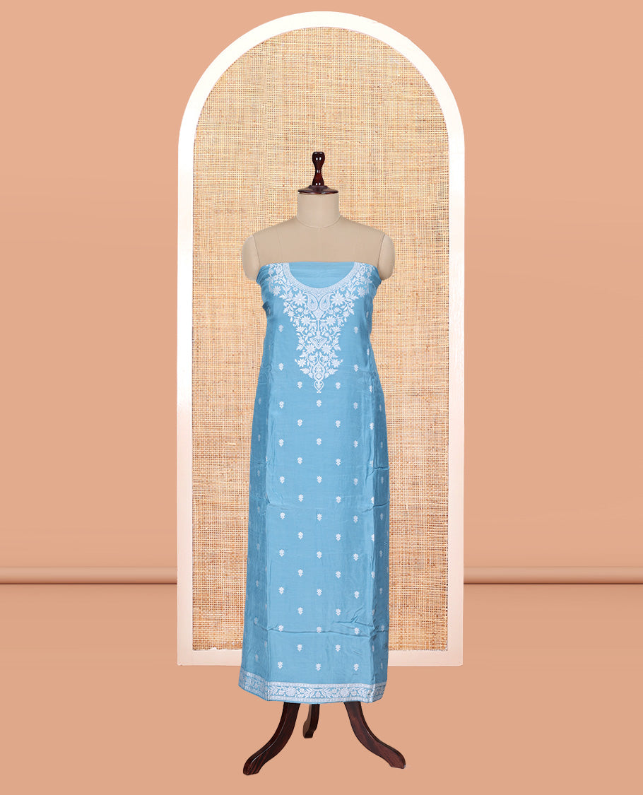 Sea Blue Viscose Muslin Material Churidar Features Buttas Thread Woven Top, a Santoon Bottom, and Floral Jaal Dupatta