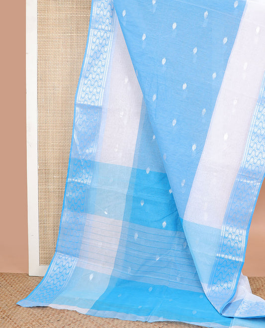 White with blue  motifs bengal cotton saree with contrast zari design border