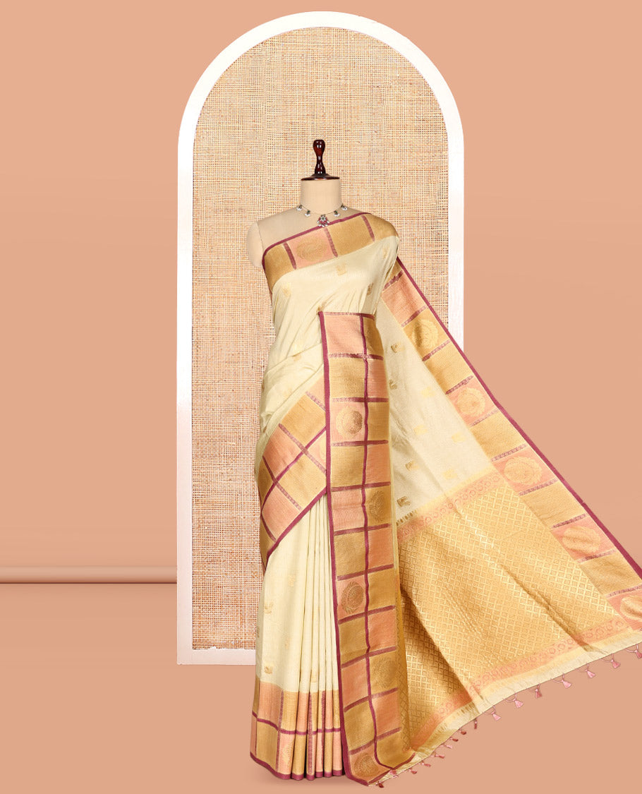 Onion Pink Peacock Motif Fancy Raw Silksaree, Contrast Checked Zari Border, Jaal Pallu, Matching Blouse