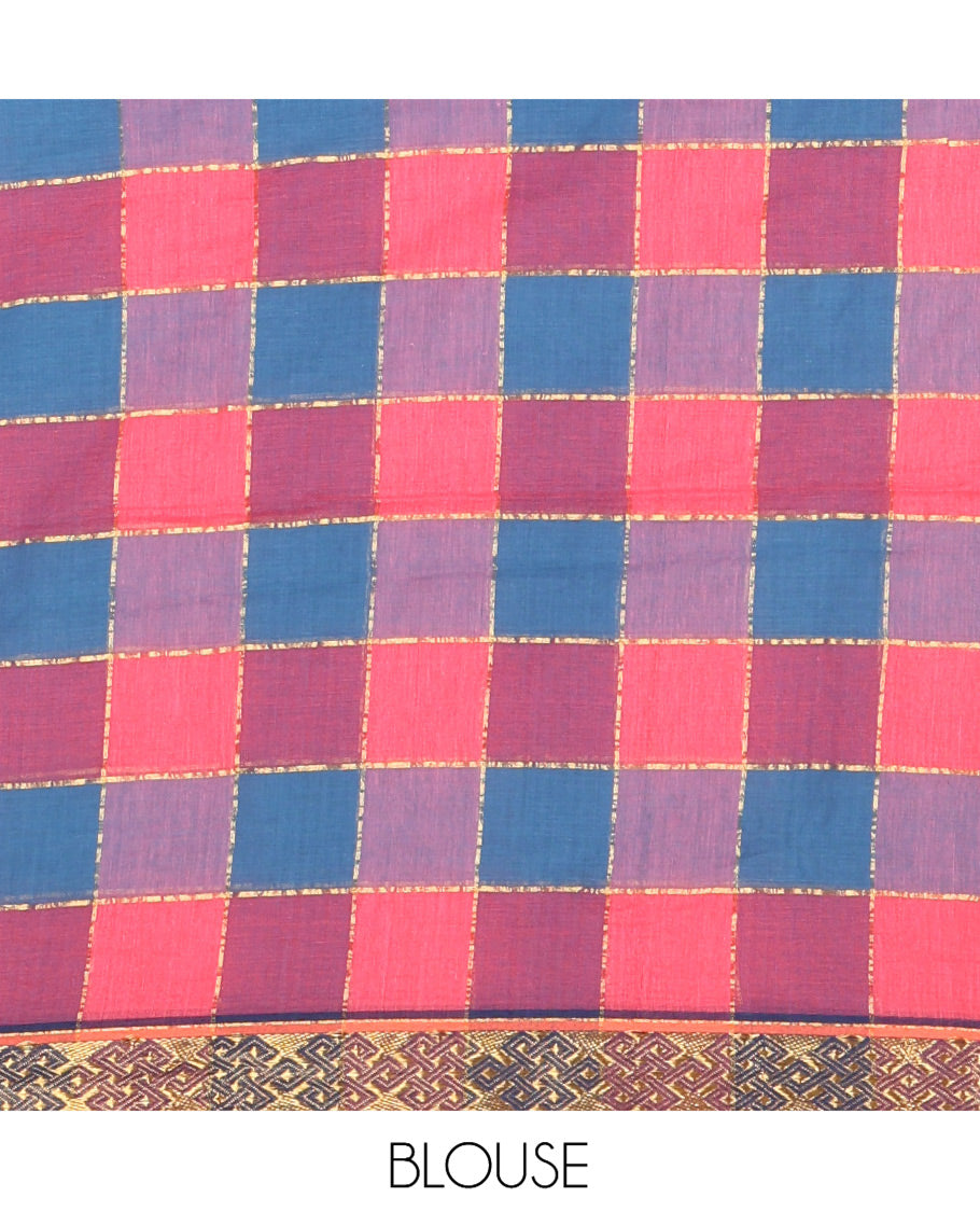 Blue-Pink Checked Khadi Mul Cotton Saree, a Subtle Kolam Zari Buttas Border, a Self-Pallu, and a Matching Blouse