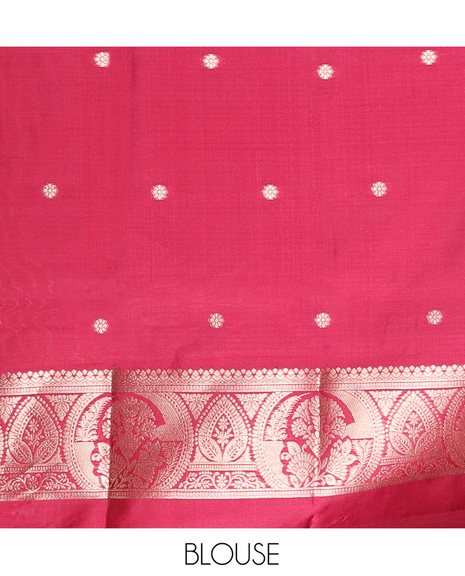 Borderless Maroon Kanchi Silk Saree, Mesmerized with Zari Buttas, Mughal-Style Intricately Woven Pallu, and a Matching Blouse