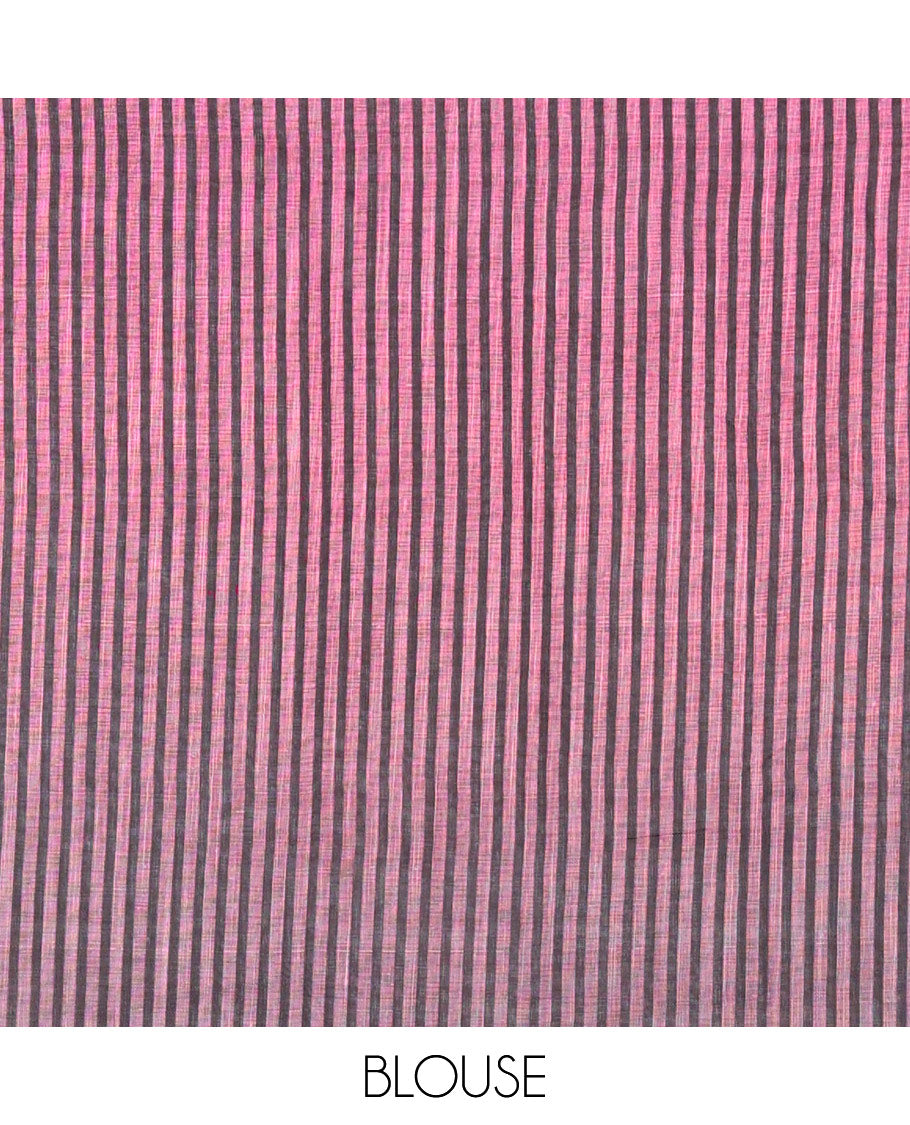 Borderless Pink Linen Cotton Saree Elevated with Nature-Theme Print Featuring the Sun, Trees, and Birds All Over the Saree, Paired with a Striped Blouse