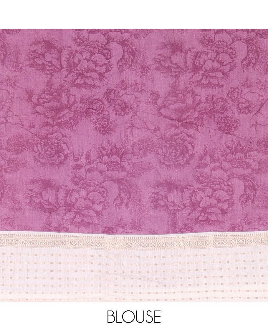 Lavender silhouette-style floral discharge printed Assam silk saree, contrast traditional zari border of rudraksham motifs, zari striped pallu, and a floral printed blouse