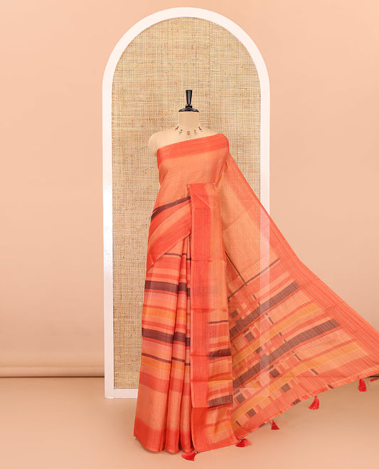 Orange horizontally striped linen cotton saree, contrast border, striped pallu, and a horizontal striped blouse
