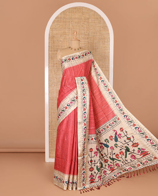Maroon muniya motifs katan silk saree, contrast paithani style border, pallu and blouse steeped with peacock, parrot, and floral motifs