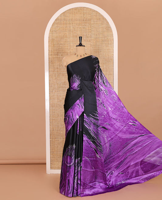 Borderless black and violet peacock feathers style abstract printed Gajji silk saree, peacock feathers printed pallu, and a contrast printed blouse