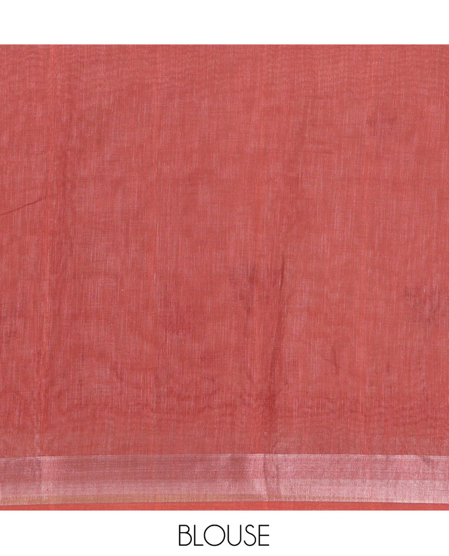 Cream Linen Cotton Saree, Beautified with Pichwai Lotus Motifs Printed All Over Its Body, Highlighted by a Zari Border of Pichwai Lotus Print, Pallu Pictures Paintings, and Paired with a Contrast Blouse