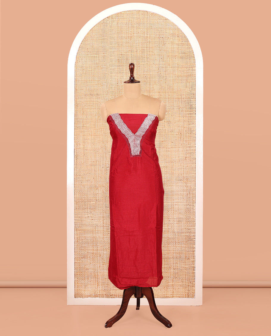 Maroon Vichitra Silk Material Chudidar Features a V-Neck Thread-Sequined Top, a Plain Bottom, Matching Thread-Sequined Dupatta