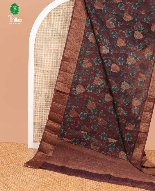 Brown screen print linen saree with copper zari border & chit pallu along with brocade blouse