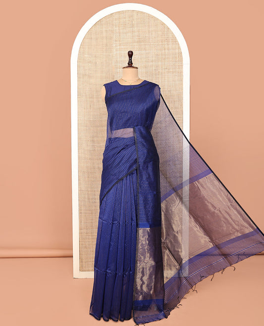 Borderless Blue Maheshwari Cotton Saree, Decked Up with Zari Stripes on Its Body, Highlighted by Pallu Steeped with Zari Design, and Paired with a Matching Blouse