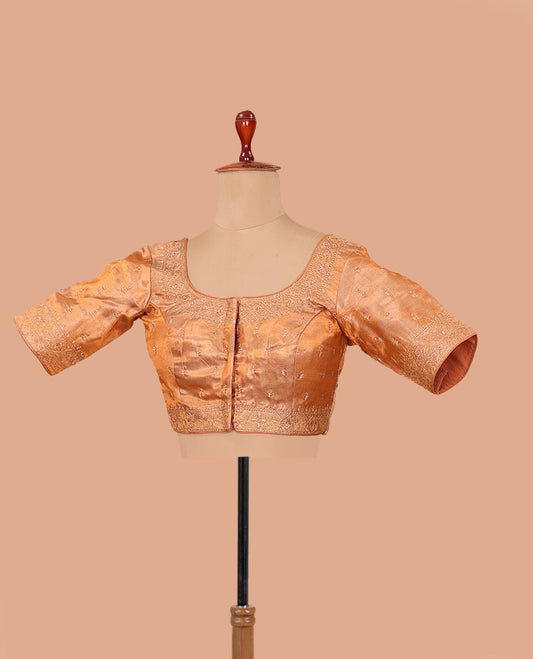 Orange thread embroidered front-back round neck elbow sleeve blouse