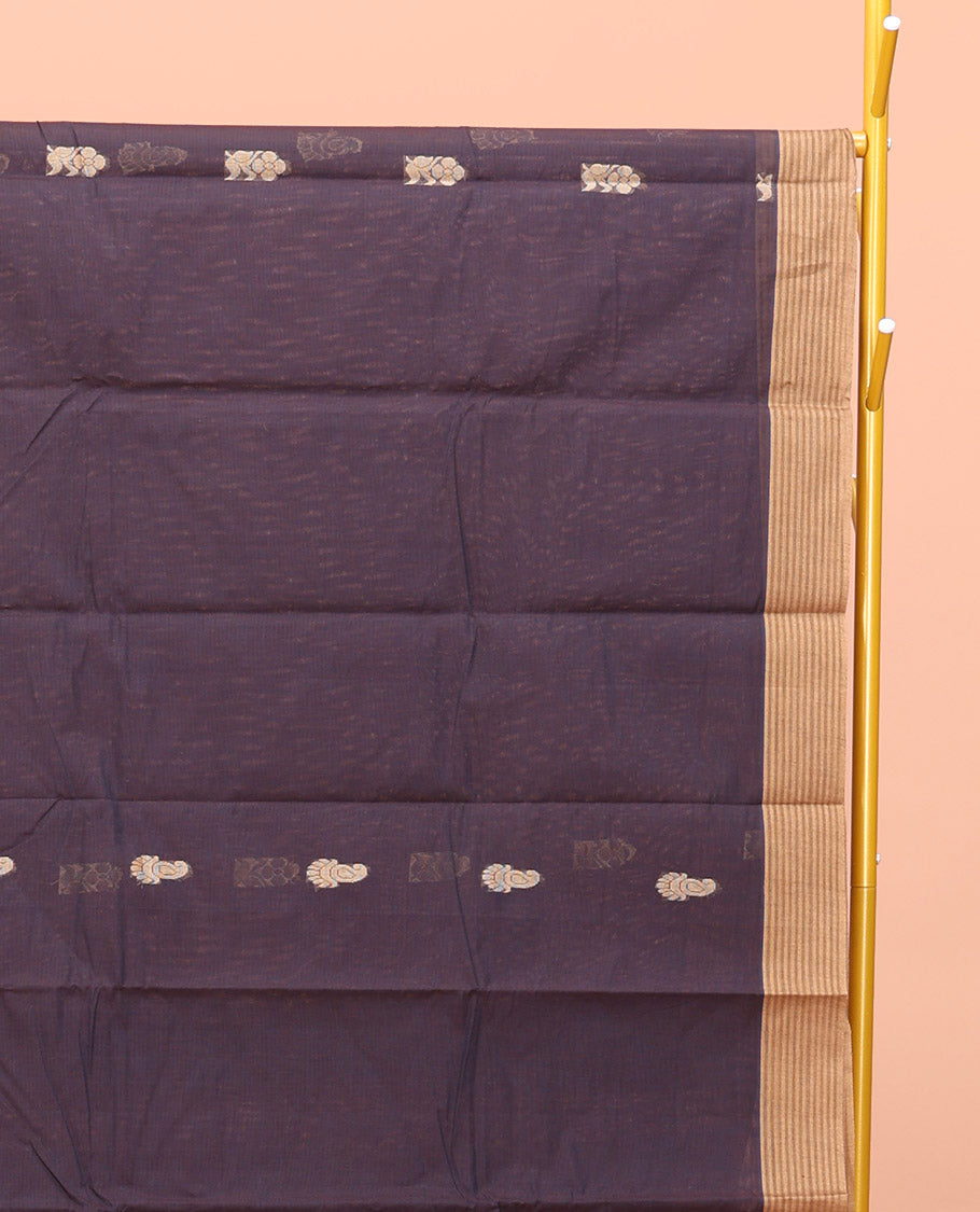 Brown Kanchi Cotton Saree, Ornamented with Buttas All Over Its Body, Complemented by Contrast Border, Paisley Design Pallu, and Paired with a Matching Blouse