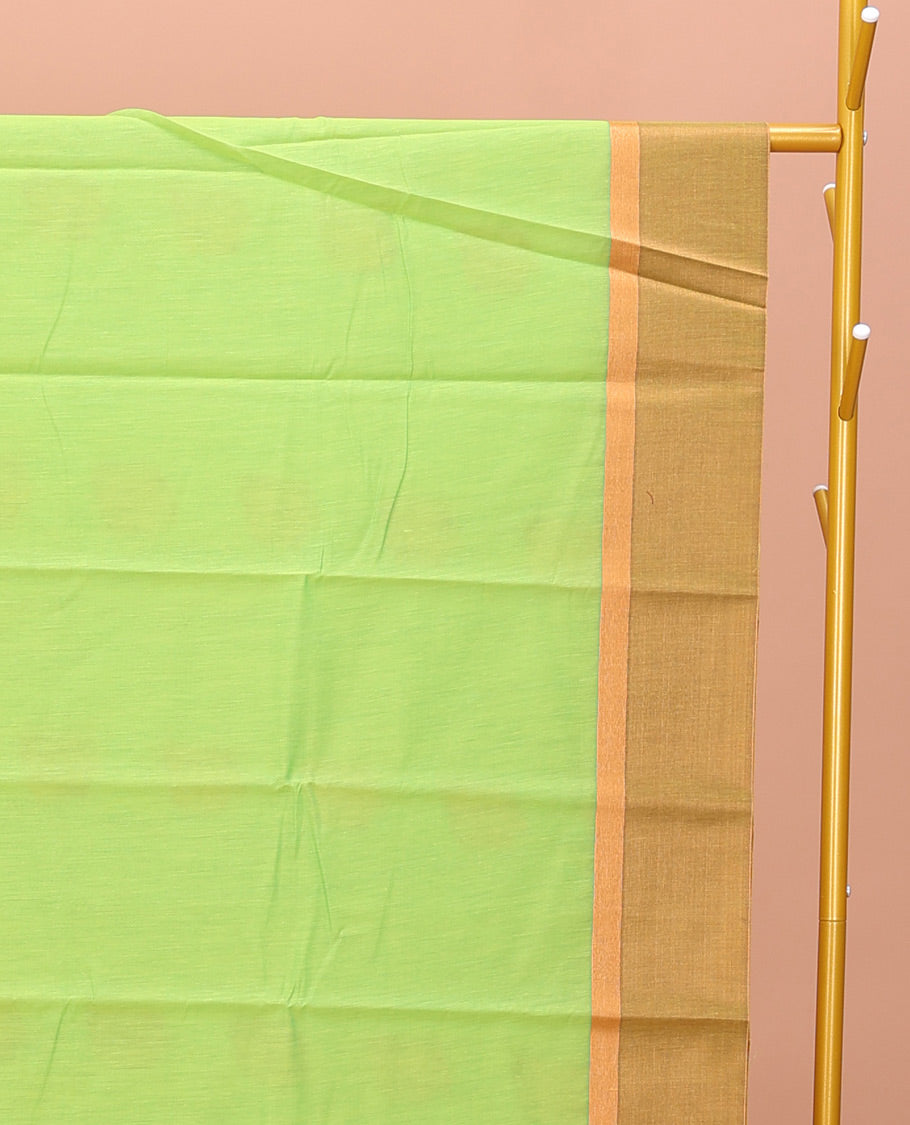 Green Semi-Silk Cotton Saree, Sparsely Woven with Zari Buttas All Over Its Body, Complemented by Contrast Border, Pallu of Intricate Zari Design, and Paired with a Matching Blouse