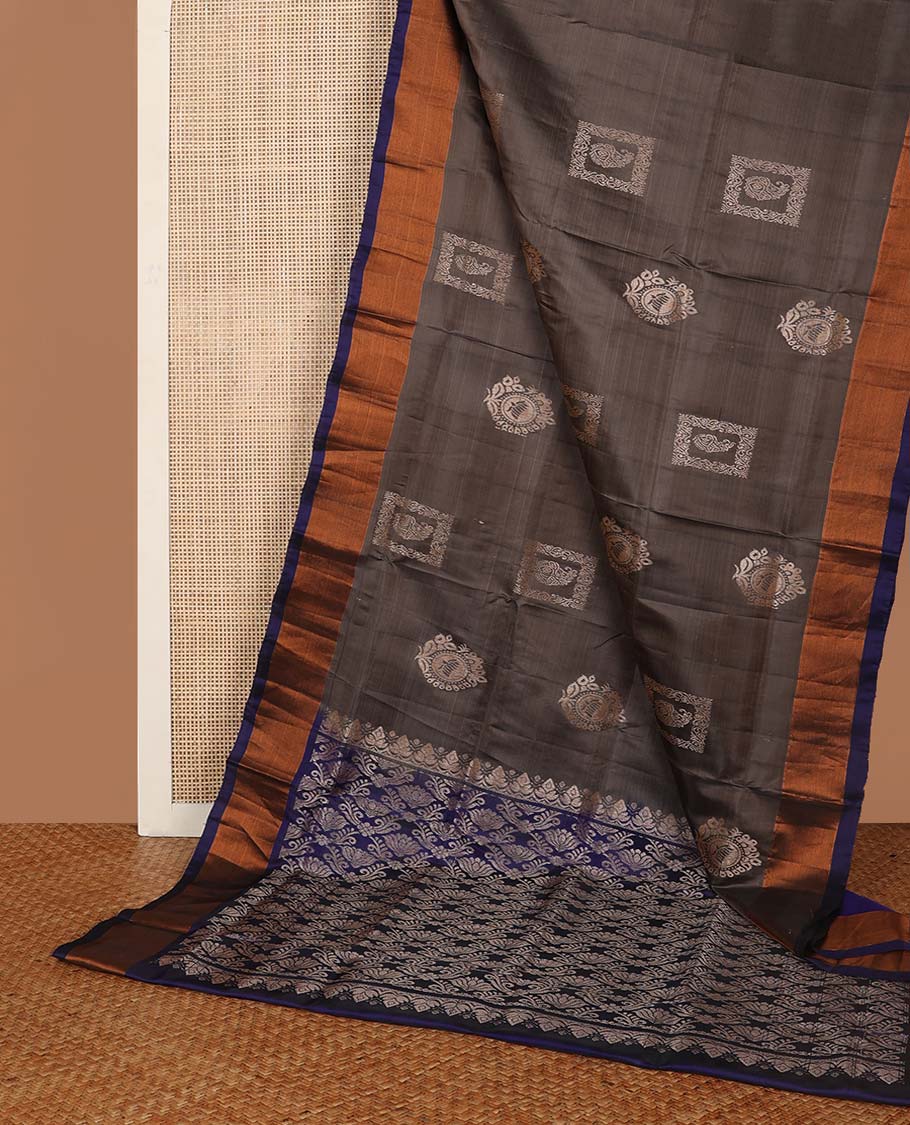 Brown floral motifs uppada saree with contrast zari border & floral design pallu