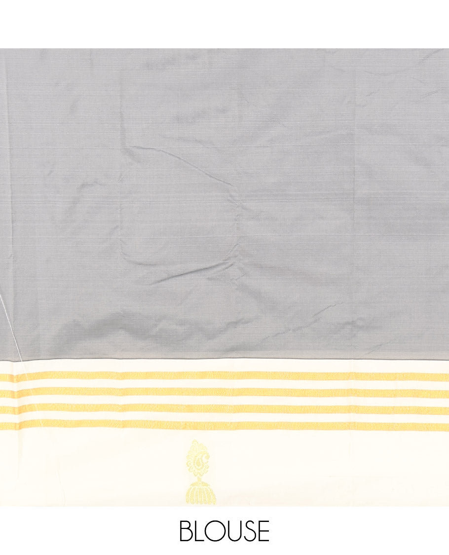 Purple Aarani Gift Saree, Decked Up with Zari Buttas on Its Body, Complemented by a Contrast Border of Zari Stripes and Jhumka Buttas, Contrast Striped Pallu, and Paired with a Contrast Blouse