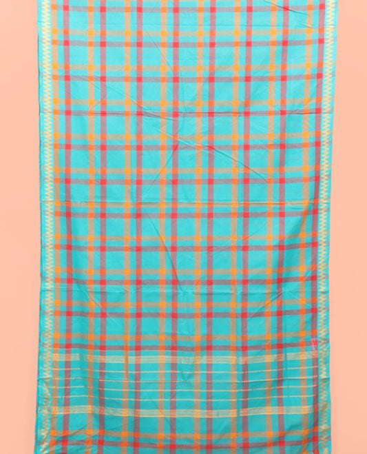 Blue Checked Nine-Yard Cotton Saree, Highlighted by a Chevron Zari Striped Border, Subtle Pallu of Stripes, and Comes Without a Blouse