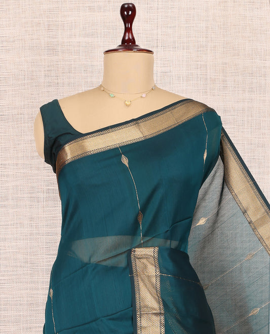 Blue Maheshwari Cotton Saree, Accentuated with Zari Design, Highlighted by a Traditional Zari Border, Gleaming Zari Woven Pallu, and a Matching Blouse