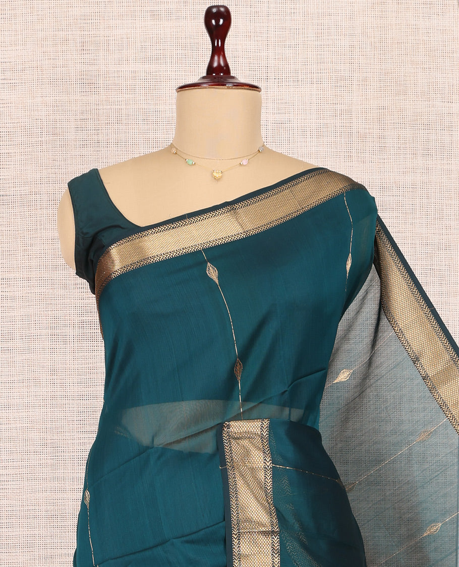 Blue Maheshwari Cotton Saree, Accentuated with Zari Design, Highlighted by a Traditional Zari Border, Gleaming Zari Woven Pallu, and a Matching Blouse
