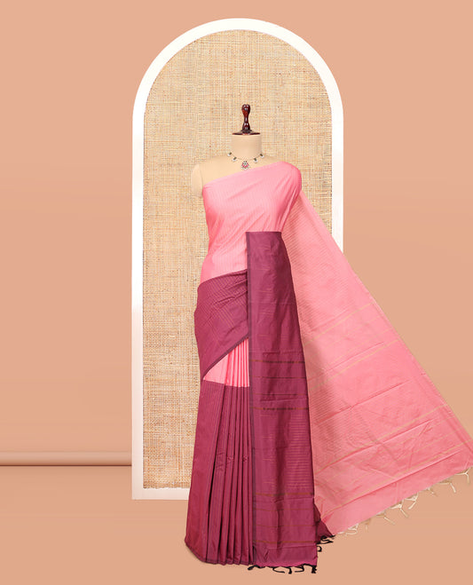 Borderless Pink-Purple Zari Striped Arani Saree, a Self-Pallu of Zari Stripes, and a Matching Blouse