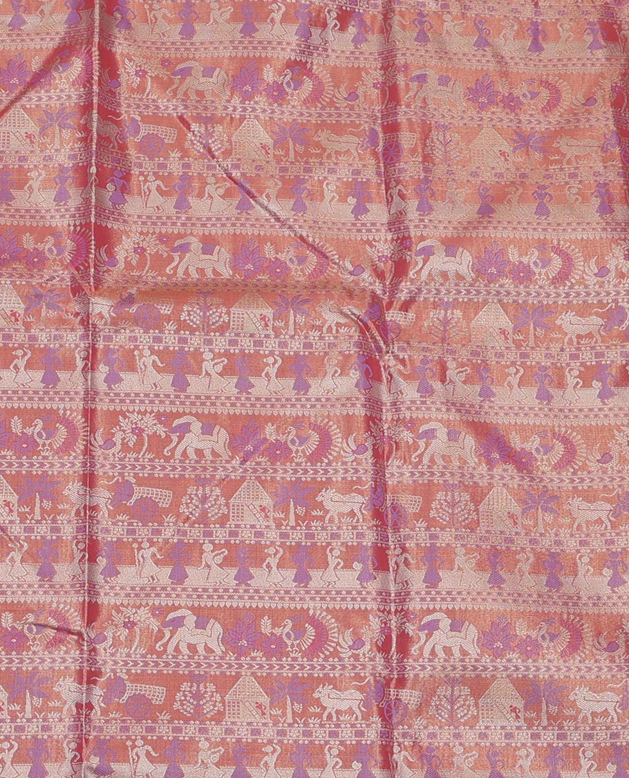 Light Rust Art Silk Material Half-Saree Set, Embellished with Warli-Theme Jacquard Skirt, Complemented by Contrast Traditional Zari Border, Paired with a Jacquard Blouse, and Paisley Designs Woven Dhavani