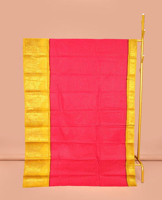 Red Sungudi Cotton Saree, Decked Up with Zari Checked Design on Its Body, Complemented by a Contrast Traditional Zari Design Border of Peacock Designs, Zari-Design Pallu, and Paired with a Contrast Blouse