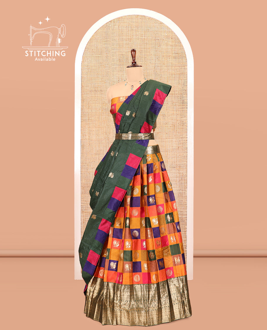 Multi-Color Checked Banarasi Silk Half-Saree with Peacock-Chakra Buttas Skirt, a Contrast Traditional Border, Matching Blouse, Contrast Dhavani