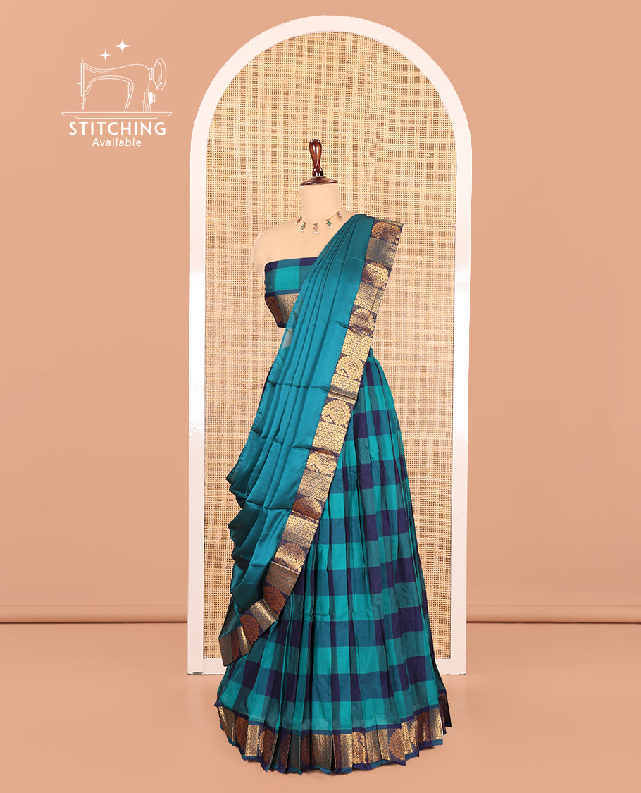 Rama-Navy Chettinad Cotton Half Saree Features Checked Skirt, a Paisley-Jaal Border, Matching Blouse, Contrast Dhavani