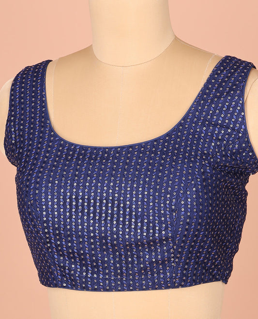 Blue Readymade Blouse Prettified with Thread and Sequins Embroidery, Featuring Front Round Neck, Back Round Neck with Rope, and Sleeveless