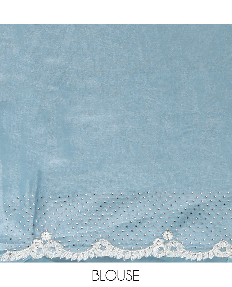 Blue Designer Saree, Steeped with Stones, a Scallop Stonework Lace Border, and Matching Blouse