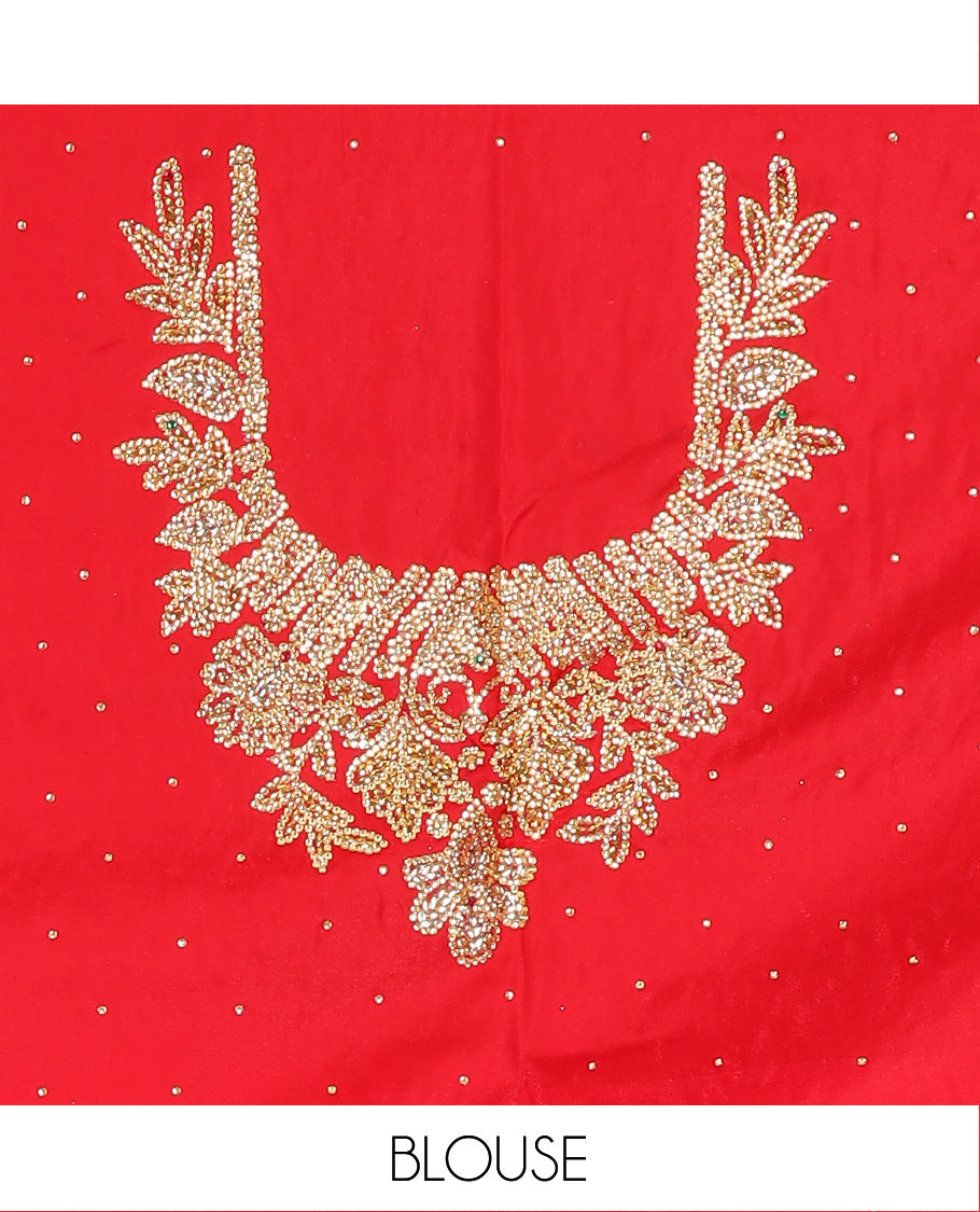 Yellow Art Vastrakala Silk Saree Mesmerized with Meenakari Jacquard with Stone Work All Over Its Body, Complemented by a Contrast Floral Creeper Zari Stone Work Lace Border, Pallu Detailed in Zari and Stone Work, and Paired with a Contrast Blouse