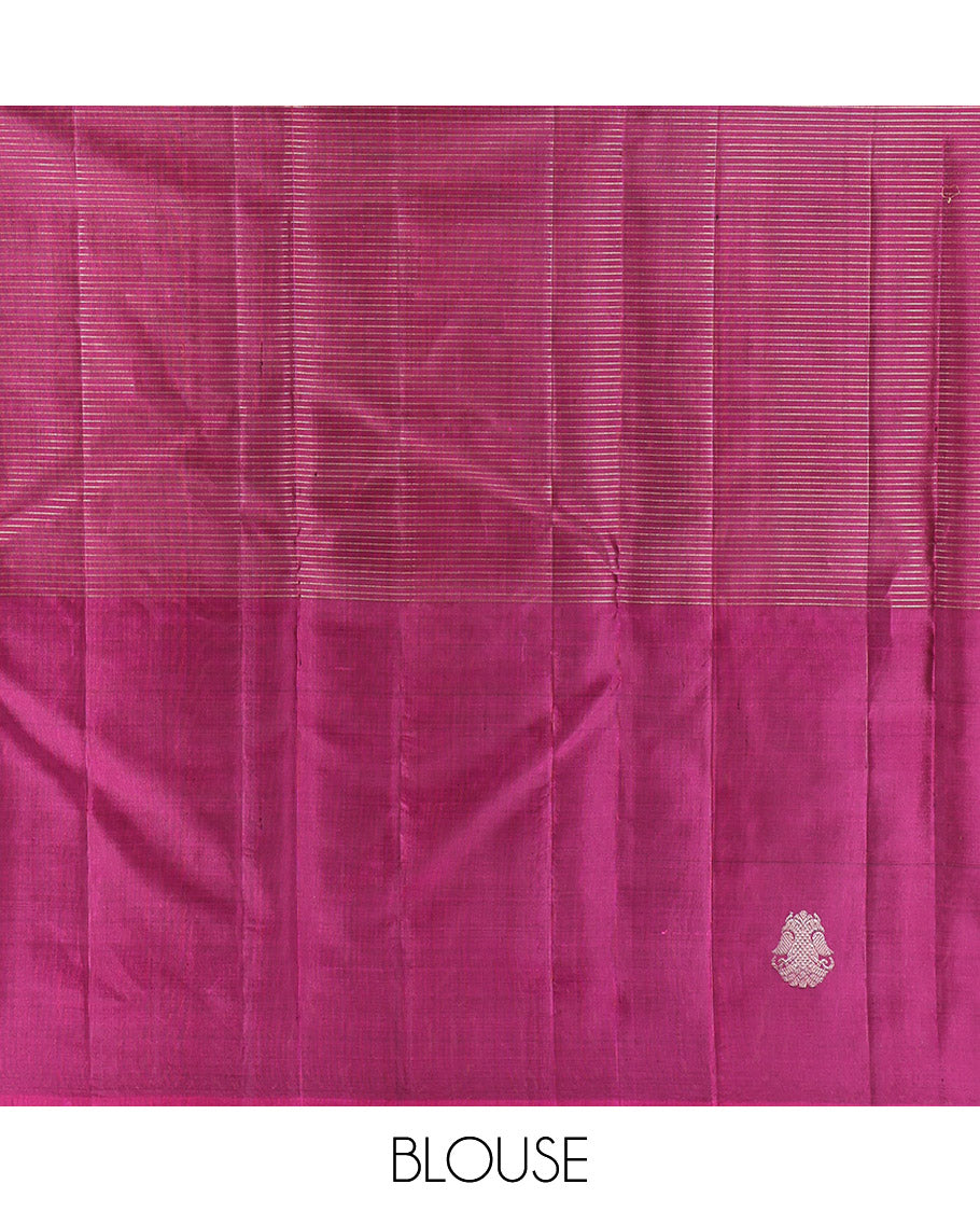 Purple Checked Kanchipuram Silk Saree, Highlighted by a Zari Border of Kolam and Iruthalai Pakshi Designs, Striped Pallu, and a Matching Blouse