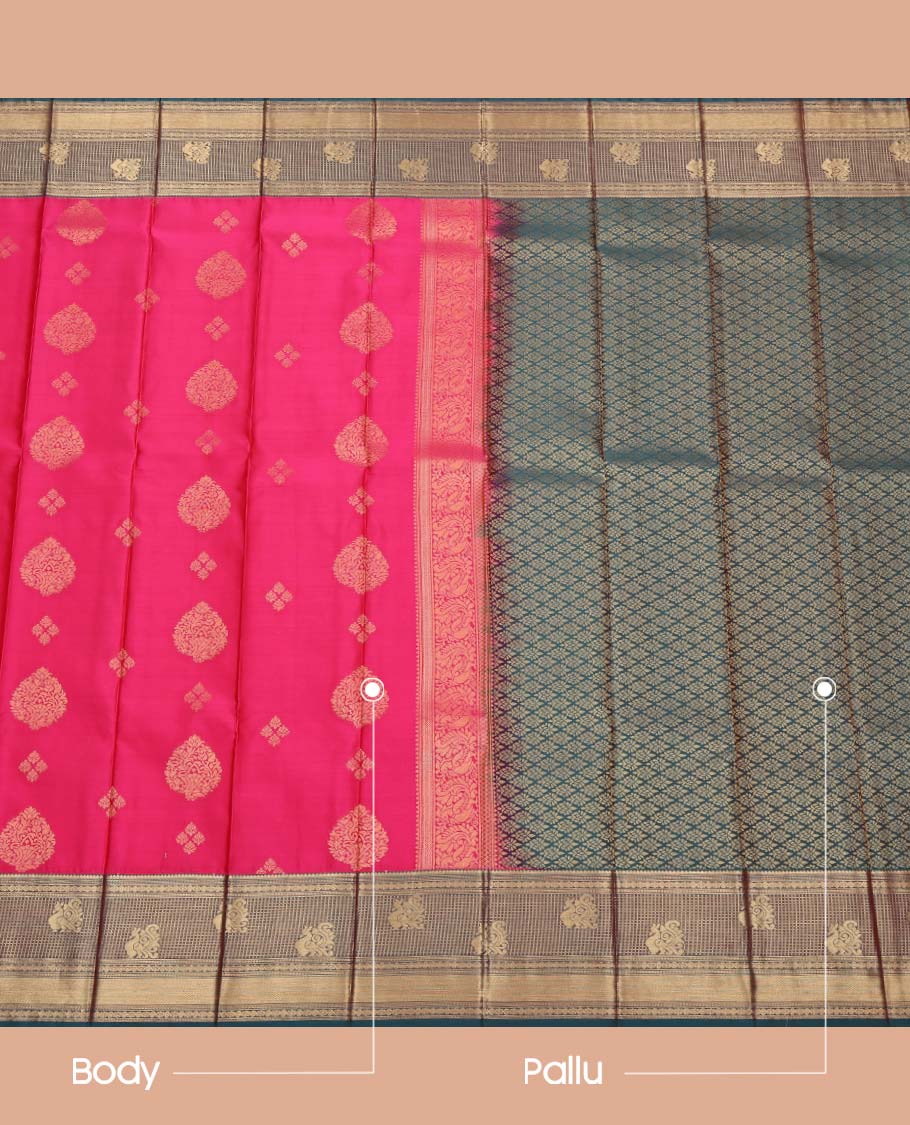 Pink Budget Silk Saree, Featuring Zari Buttas on Its Body, Complemented by a Contrast Traditional Zari Design Rettai Pettu Border, Grand Jaal Pallu, and Paired with a Contrast Blouse
