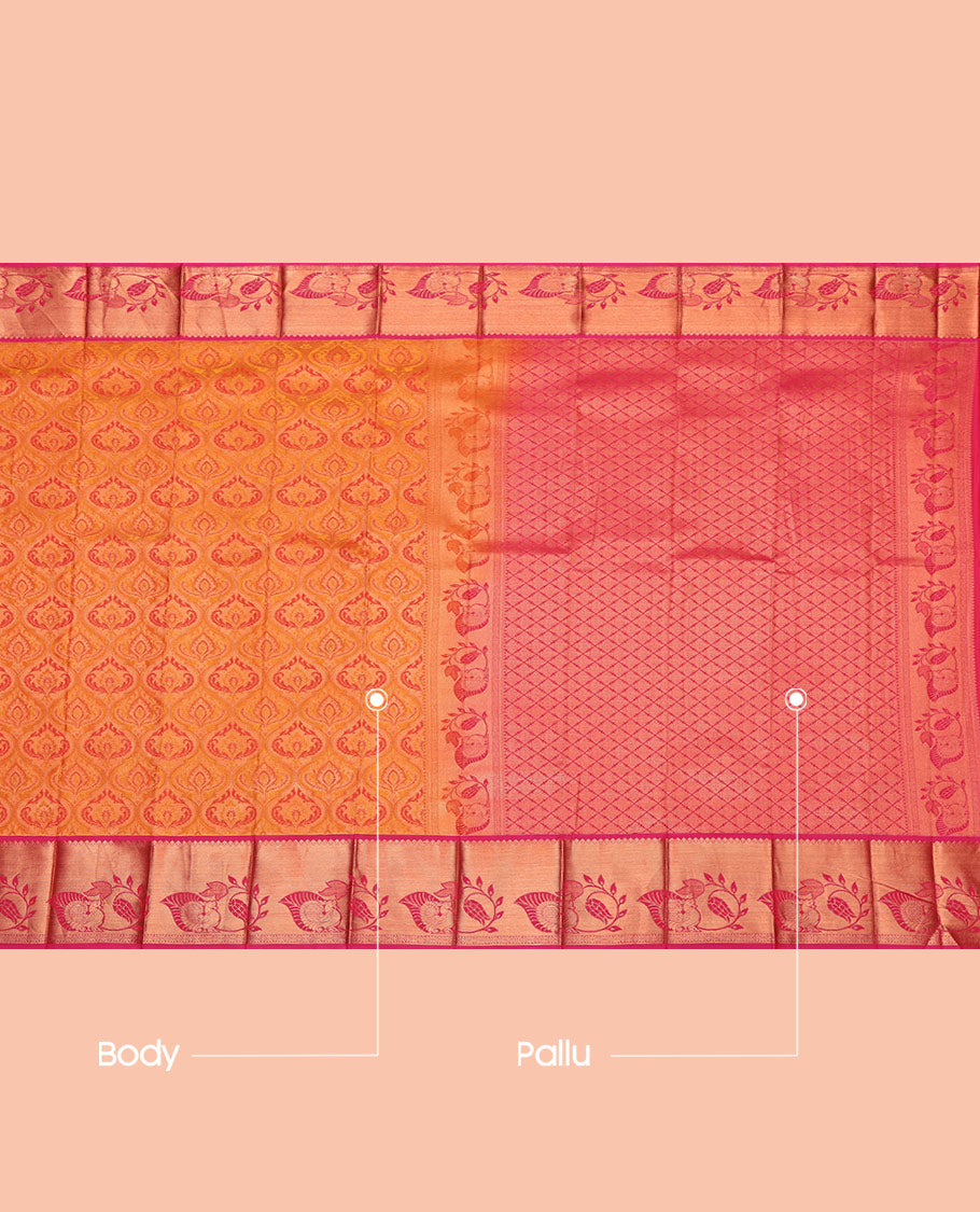 Orange Budget Silk Saree, Bedecked with Jacquard, Complemented by Contrast Leaf Vine and Peacock Zari Border, Jaal Pallu, and a Contrast Blouse