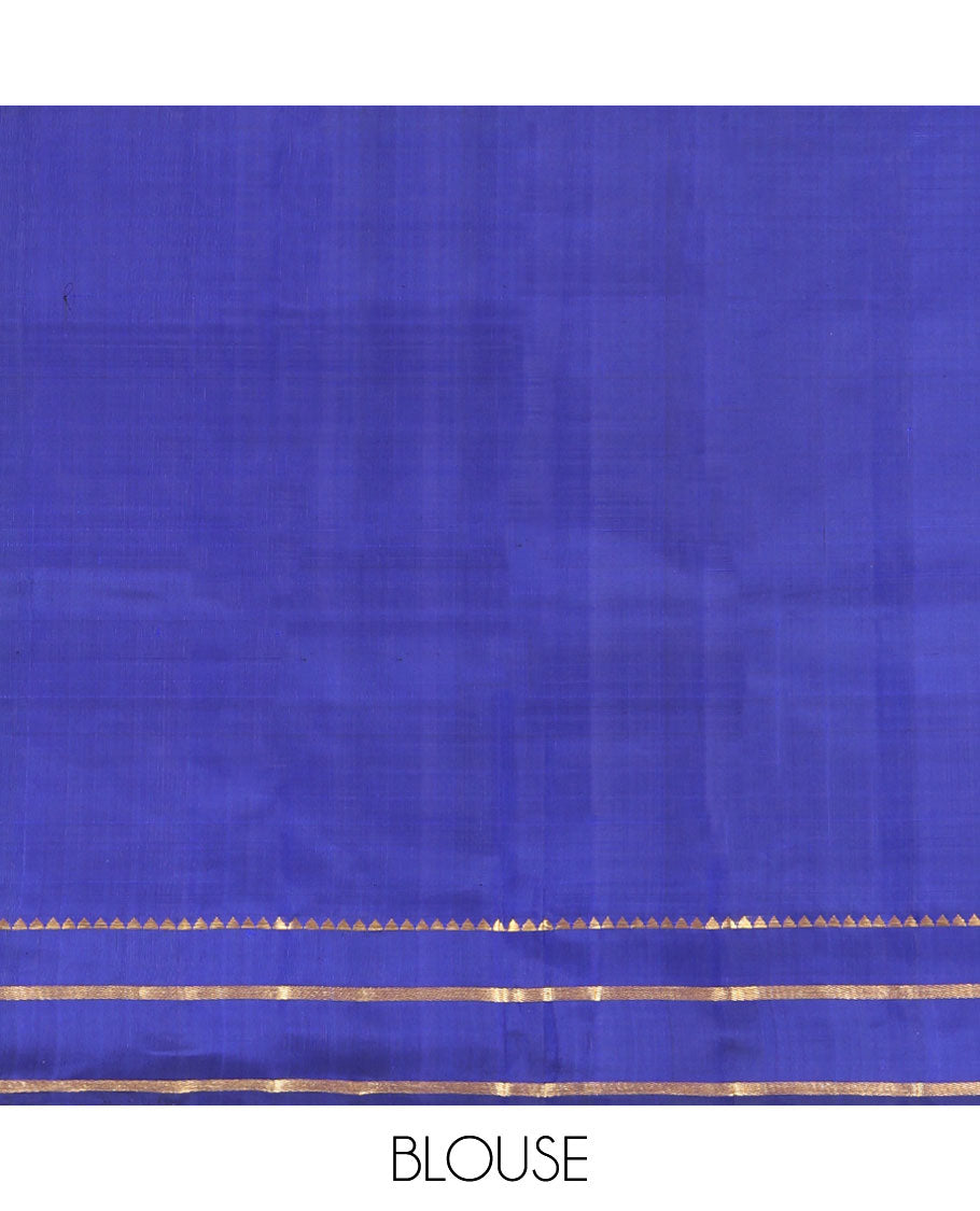 Blue Kanchipuram Silk Saree, Elevated with Stripes All Over Its Body, Complemented by Contrast Temple Zari Border, Subtly Zari-Striped Pallu, and Paired with a Contrast Blouse