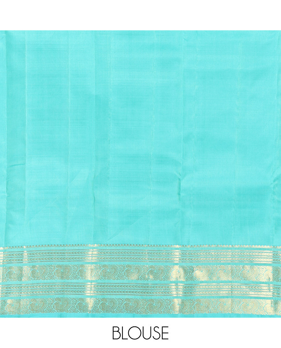 Turquoise Vasundhara Lite Silk Mix Saree, Decked Up with Zari Buttas, Highlighted by a Zari Border of Kathir, Muthu, and Mayil Designs, Intricate Pallu, and a Matching Blouse