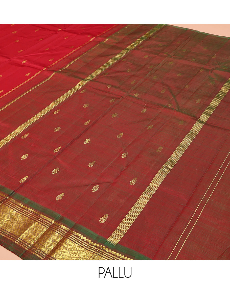 Red Kanchipuram Silk Saree, Woven with Zari Buttas, Complemented by Contrast One-Sided Border of Salngai, Banaras, Muthu, and Jaal Designs, Zari Design Pallu, and No Blouse