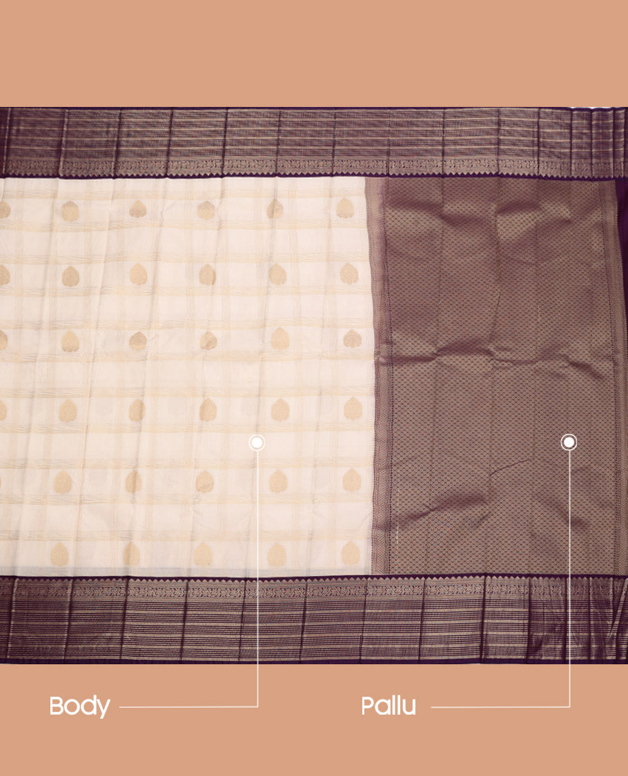 Cream Budget Silk Saree, Masterfully Woven with Zari Butta Enclosed Checks, Complemented by a Contrast Traditional Zari Border, Jaal Pallu, and Contrast Blouse