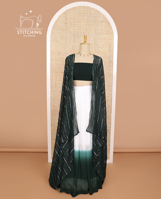 White & dark green  georgette half saree with plain blouse & striped design dhavani