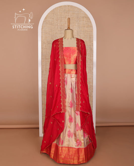 Sandal leaf buttas tissue half saree with contrast zari design border, zari design blouse & floral embroidery, scallop border dhavani