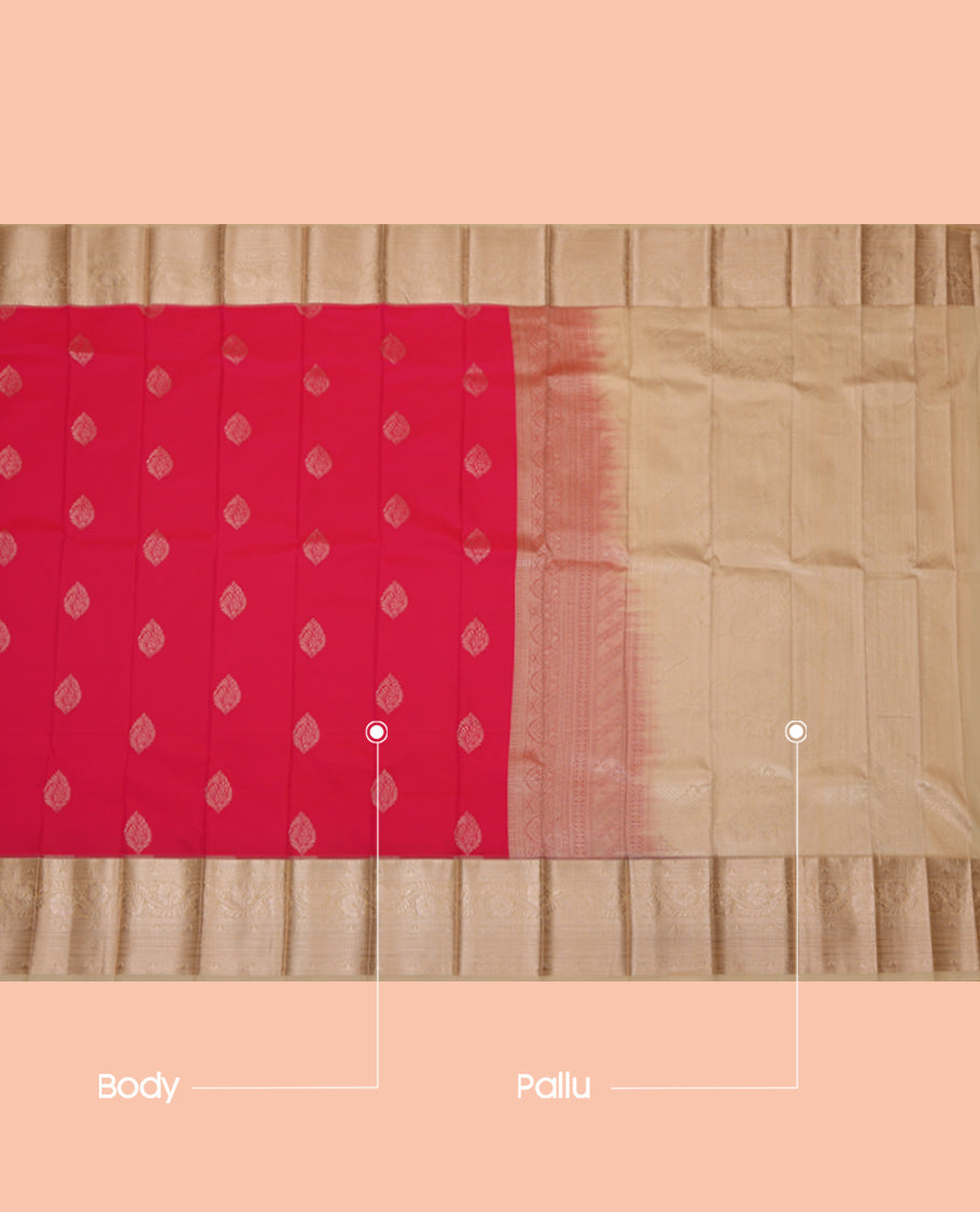 Pink Budget Silk Saree, Elevated with Zari Buttas, Complemented by a Contrast Traditional Zari Border, Grand Pallu, and a Contrast Blouse