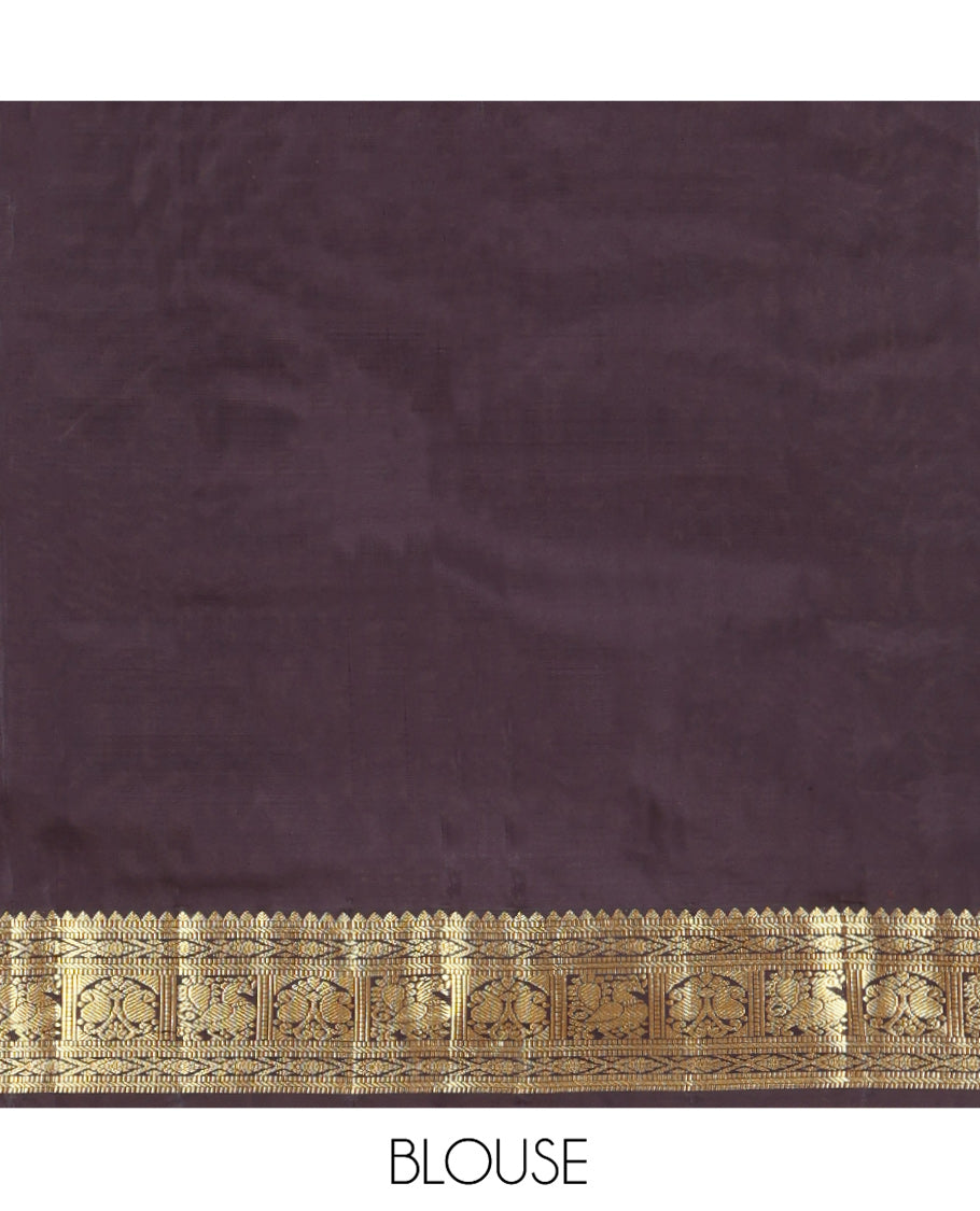 Orange Vasundhara Silk Saree, Richly Detailed with Zari Butta Enclosed Checks All Over Its Body, Complemented by a Contrast Border of Rekku, Muthu, Banaras, Mayil, and Manga Designs, Grand Pallu, and Paired with a Contrast Blouse