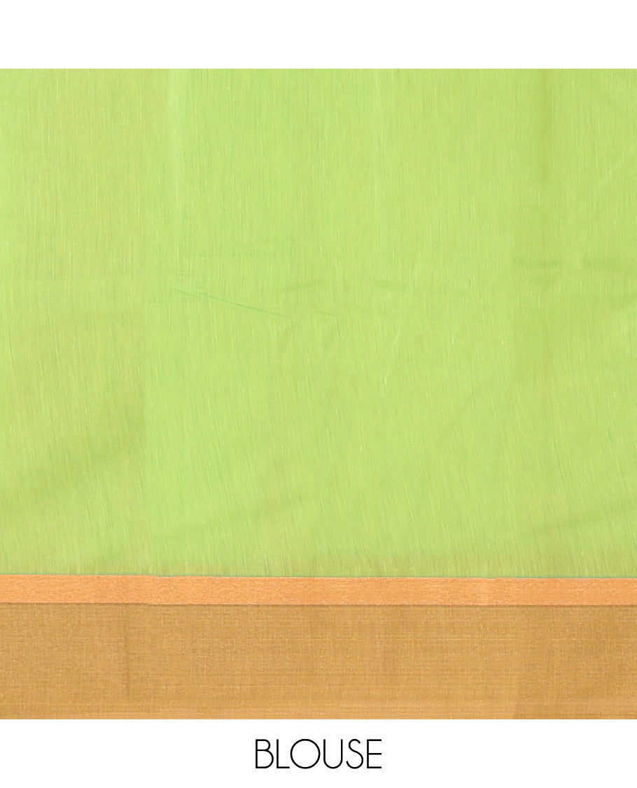 Green Semi-Silk Cotton Saree, Sparsely Woven with Zari Buttas All Over Its Body, Complemented by Contrast Border, Pallu of Intricate Zari Design, and Paired with a Matching Blouse