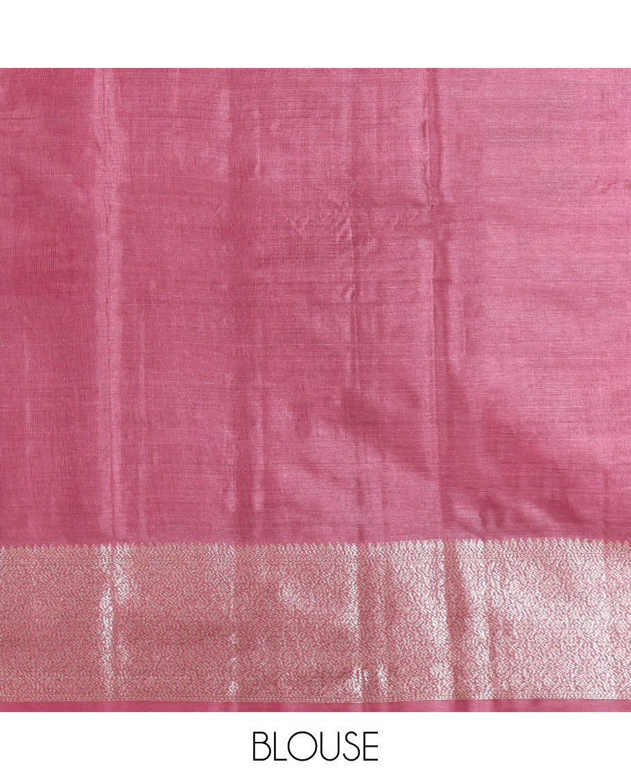 Grey Tusser Silk Saree, Woven with Zari Buttas, a Contrast Zari Border, Grand Pallu, and a Contrast Blouse