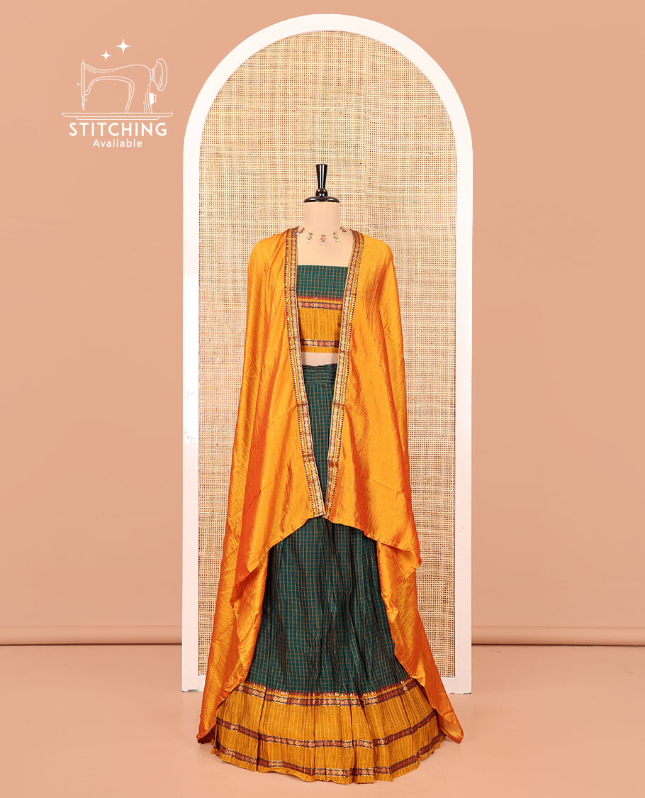 Grey-Red Mercerised Cotton Saree Features a Checked Skirt, Contrast Temple-Rudraksham Rettai Pettu Border, a Matching Blouse, and Contrast Vichitra Silk Dhavani